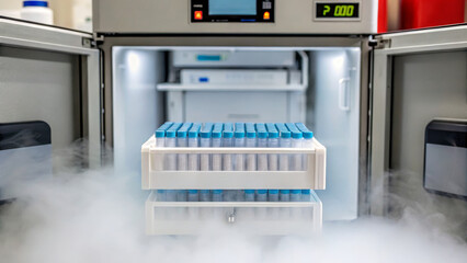 Biolabs Concept ,Biological samples stored in biolab freezer, surrounded by mist, showcasing advanced preservation technology