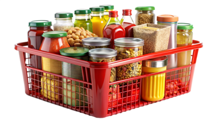 A vibrant red basket filled with assortment of preserved food items and jars