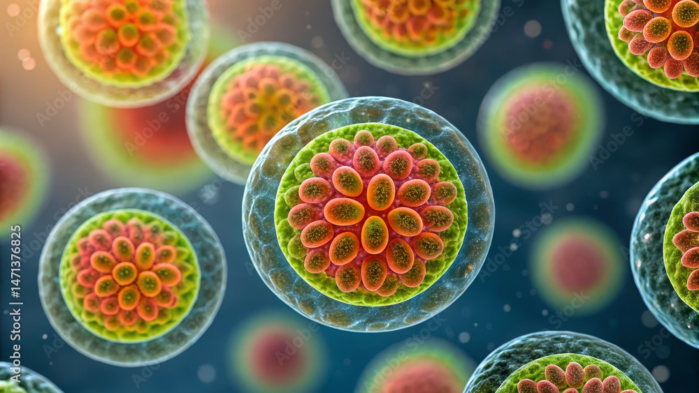 Poster biolabs concept ,colorful cells with intricate structures floating in vibrant environment, showcasin