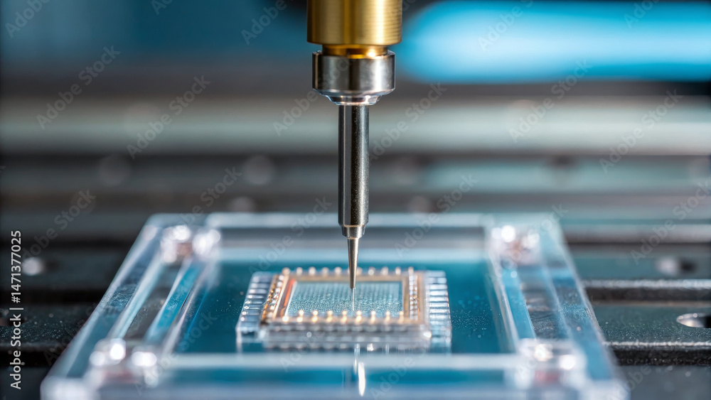 Poster biolabs concept ,microchip implanting into cell sample with precision technology, showcasing advance