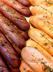 rows freshly baked bread loaves, one variety featuring dark crust and another with light golden crust, are garnished with herbs. inviting aroma fills the bakery, enticing customers. close-up.