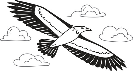 Black and white hand-drawn illustration of a soaring bird with outstretched wings, flying gracefully among soft clouds — symbolizing freedom, strength, and the beauty of nature in motion.