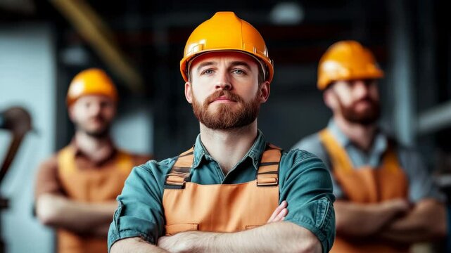 Three men wearing orange safety vests and hard hats stand together. One of them has a beard and a mustache