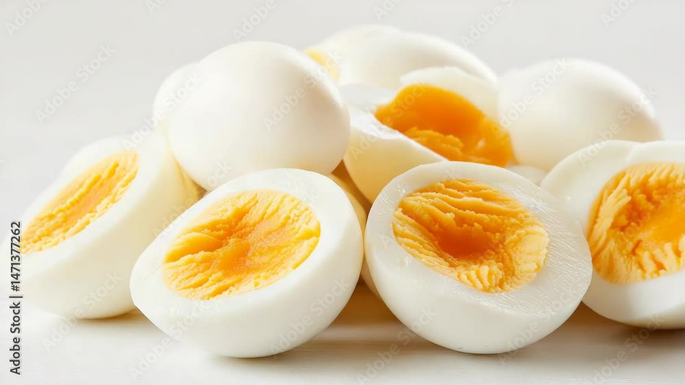Poster pile of eggs with the yolks visible. the eggs are cut in half and are arranged in a pile
