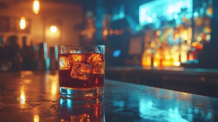 A glass of whiskey on the rocks sits on a wet bar counter illuminated by warm overhead lighting and cool blue neon reflections at a vibrant nightclub scene.