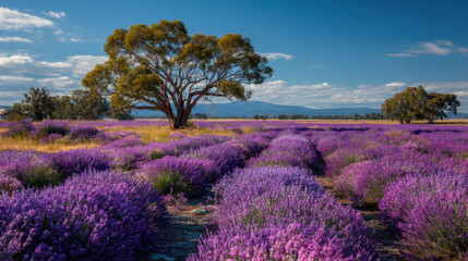 Fototapeta premium Vibrant Purple Lavender Field Under a Sunny Sky with a Solitary Tree