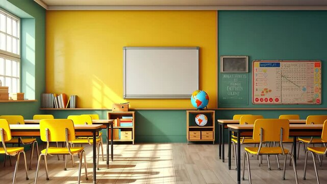 Modern light classroom with big windows with empty chairs and blackboard