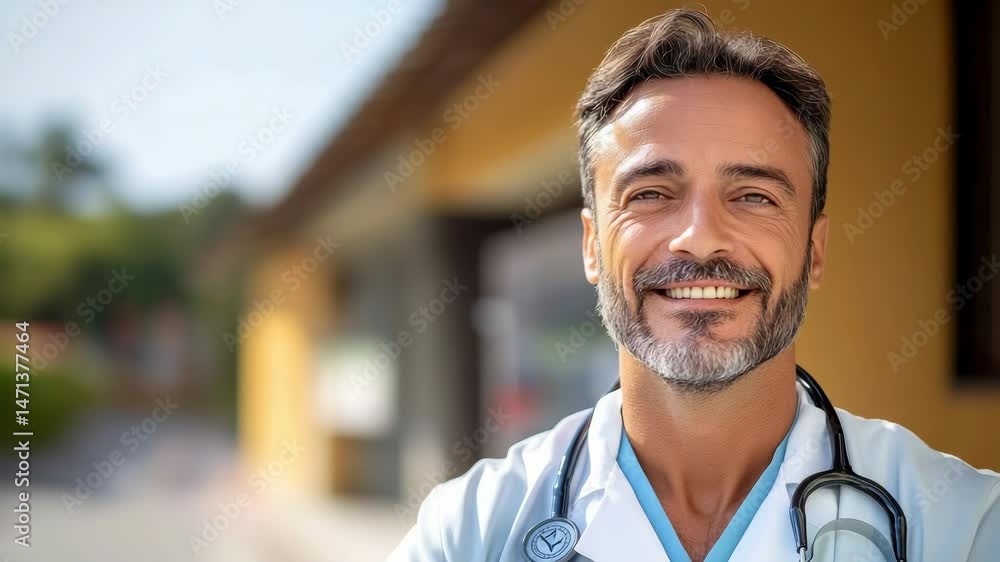 Poster smiling man in a white coat with a stethoscope around his neck. he is standing in front of a buildin
