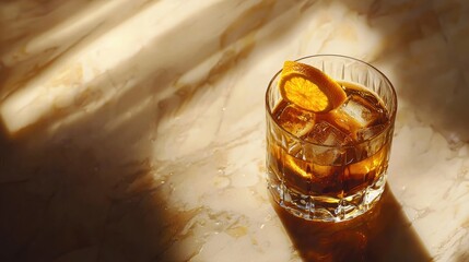 A classic old fashioned cocktail with ice and orange slice is illuminated by warm light on a textured marble surface, creating an elegant and inviting scene.