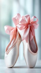 Beautiful ballet pointe shoes, tied with pink ribbons, ready for a graceful performance in a studio.