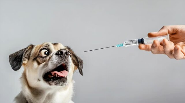 Dog is looking at a syringe being held by a person. The dog appears to be scared or confused by the syringe