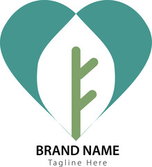 A modern eco-themed logo combining a heart shape and a tree branch, symbolizing love for nature, sustainability, and environmental care. Ideal for eco-friendly brands, health products etc.
