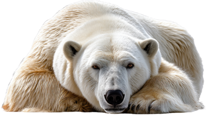 Majestic Polar Bear's Gaze: A serene portrait of a powerful polar bear rests peacefully, its icy white fur contrasting against the serene background, capturing the animal's raw, untamed beauty.