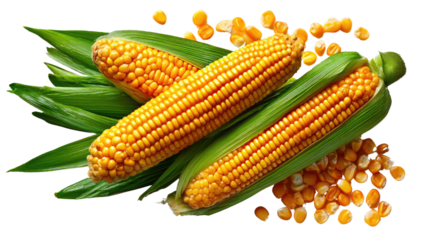 Sweet Corn Harvest: Fresh, ripe sweet corn ears with vibrant yellow kernels and lush green husks, scattered with loose kernels.