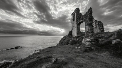 Obraz premium Coastal Ruin at Sunset: A Black and White Seascape