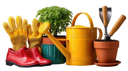 Green Thumb Essentials: An array of gardening tools, including a watering can, gardening gloves, potted plants, small shovel, small rake and bright red shoes arranged together.