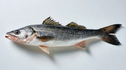 Obraz premium Fresh Fillet of Sea Bass with Shimmering Skin on White Background