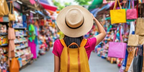 Fototapeta premium A person with a straw hat and backpack explores a vibrant outdoor market filled with colorful bags and various goods.
