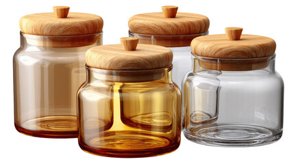 Artisan Glass Canisters: A cluster of elegant glass canisters with natural wooden lids, showcasing a blend of functionality and aesthetic appeal.