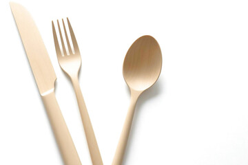 Wooden Spoon, Fork and Knife – Reusable, Sustainable Tableware on White Background