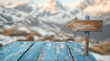 A wooden arrow sign pointing to the left on an old blue wooden table with blurry snow-capped mountains in the background