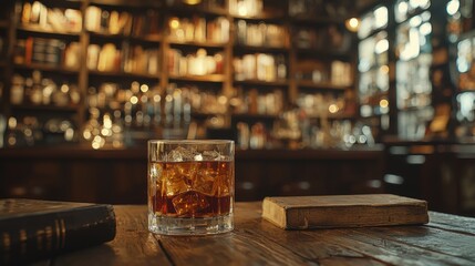 A glass of whiskey on the rocks sits on a rustic wooden bar next to old books in a cozy library with shelves full of books and liquor bottles behind it.