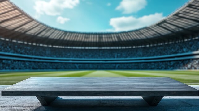 Stadium View Empty Wooden Table Soccer Field Crowd Event Game Day