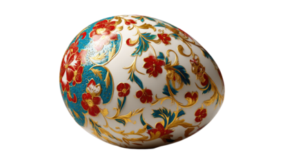 Elegant Egg with floral design: A beautifully decorated egg with intricate floral patterns, showcasing a harmonious blend of colors and detailed artistry. Evoking feelings of Spring, renewal.