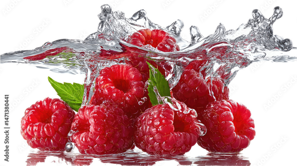 Poster raspberry splash: a vibrant display of freshness as a cluster of succulent raspberries encounters th