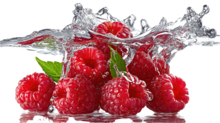 Raspberry splash: A vibrant display of freshness as a cluster of succulent raspberries encounters the refreshing coolness of water, creating a captivating splash of color and texture. 
