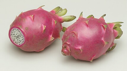 Two Pink Dragon Fruits on Beige Surface One Sliced
