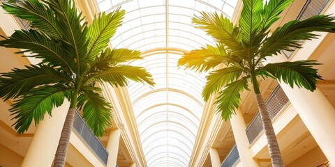 Fototapeta premium Tall palm trees inside a sunlit atrium with a glass ceiling and elegant architectural details.