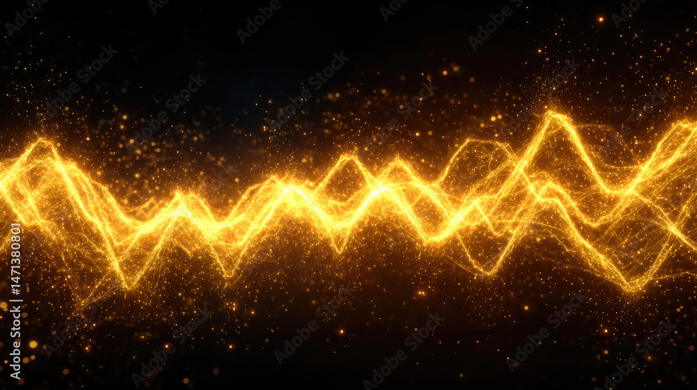 Poster abstract golden wave pattern with sparkling lights on a dark background.