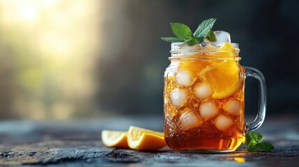 A refreshing iced tea in a mason jar filled with ice cubes and garnished with fresh mint and orange slices sits on a rustic wooden surface in bright sunlight.