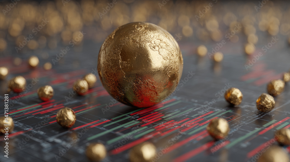 Poster golden spheres on a data chart background create a dynamic and modern visual concept.