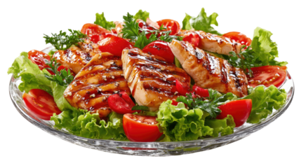 Grilled Salmon Salad: A delicious and healthy meal featuring grilled salmon fillets with a savory glaze, resting on a bed of fresh greens and cherry tomatoes.