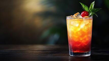 A vibrant tequila sunrise cocktail with ice cubes and cherry garnish sits on a dark wooden surface creating an inviting atmosphere for a refreshing drink.