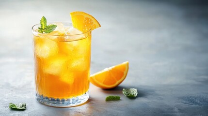 Fototapeta premium A refreshing glass of orange juice filled with ice, garnished with mint and an orange slice, sits on a textured gray surface, inviting a taste of summer's bliss.