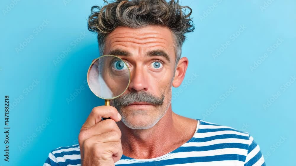 Poster man with a mustache holding a magnifying glass. the man is looking at the camera with a surprised ex