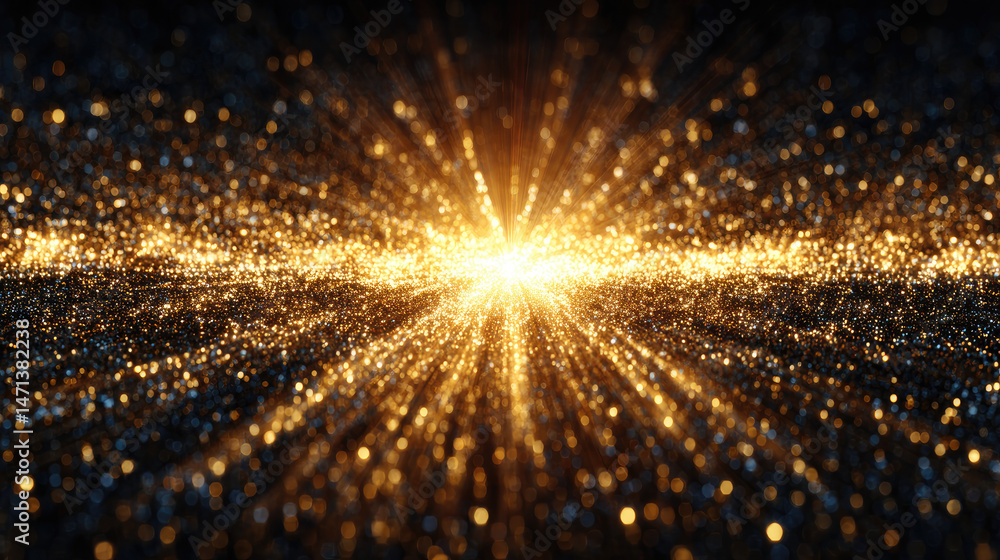 Poster radiant light beams burst through a sparkling background of glimmering particles.