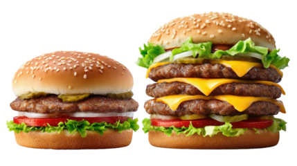 Double Cheeseburger Comparison: A mouthwatering comparison of a classic cheeseburger and a triple cheeseburger, showcasing juicy patties, melted cheese, fresh lettuce, tomato, onion.