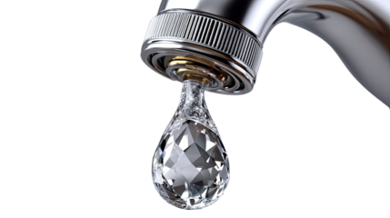A Sparkling Jewel: A dazzling, crystalline water droplet, suspended from a sleek faucet, glistens with captured light.