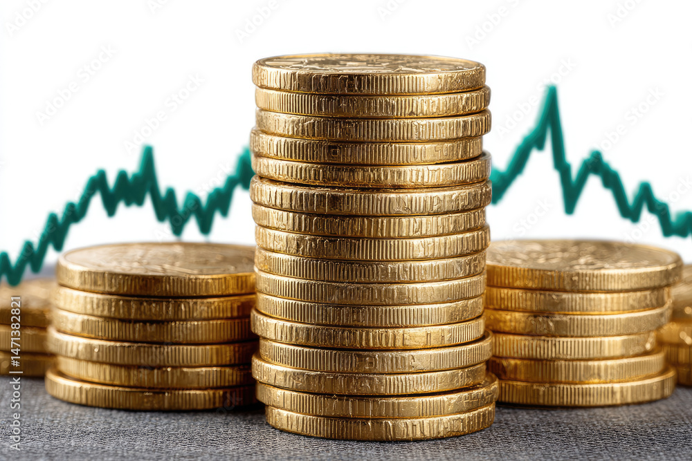 Poster stacks of coins with a rising graph in the background symbolize financial growth.