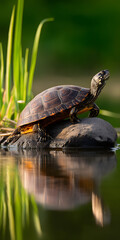 Obraz premium Sunbathing Turtle on a Serene Rock by Tranquil Waters
