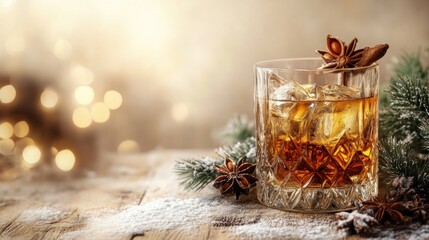 A festive old fashioned cocktail with ice, star anise, and pine needles rests on a snowy wood surface creating a cozy holiday or winter celebration scene.