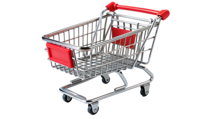 Shiny chrome shopping cart with red accents isolated on a black background