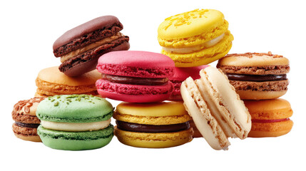 Fototapeta premium Macaron Delight: A colorful assortment of delectable macarons, arranged in a tempting display, ready to be savored. Experience the joyful moment.