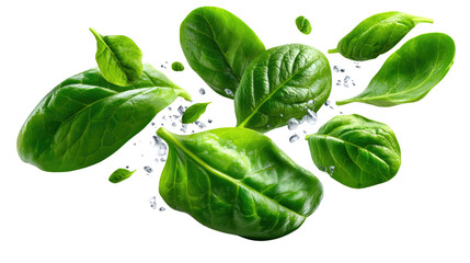 Fototapeta premium Fresh Green Spinach Splash: A vibrant collection of fresh spinach leaves, bursting with life, appear to float in the air, accentuated with glistening water droplets.