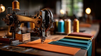 Fototapeta premium Nostalgic vintage sewing machine with colorful fabrics in workshop