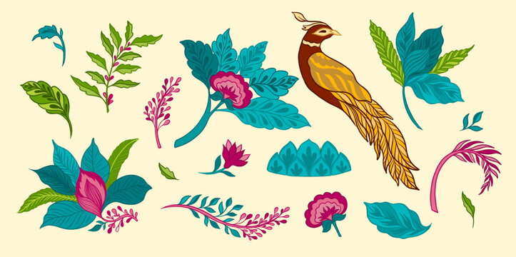 Vintage Mughal Floral Elements Set Traditional Indian Botanical Ornaments for Textile, Print, and Decor Design